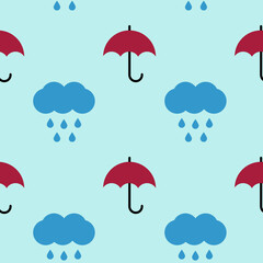 Umbrellas, vector seamless pattern. Pattern in the form of red umbrellas and clouds with raindrops on a blue background.