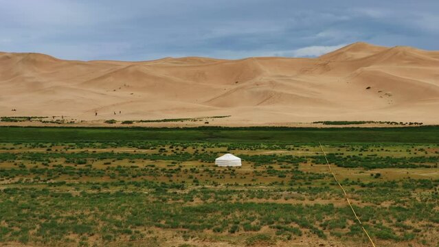 Aerial around view on lonely yurt near the sand dunes in the Gobi Desert, Mongolia