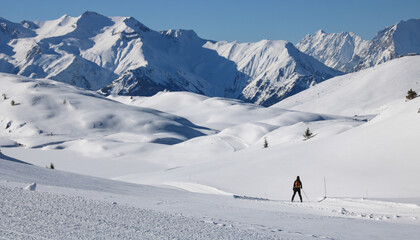 Fototapeta na wymiar skieur sur les pistes de l'alpe d'huez en hiver