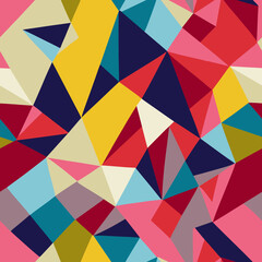 A seamless repeatable pattern of colourful geometrical shapes. Bold colours.