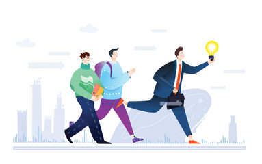 Happy creative young professional business people are running inn the City. Businessman with light bulb and his team,  concept illustration