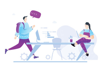 Happy creative young professional business people work in office. New start up, developing and supporting on going projects, work together concept illustration