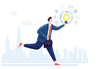 Happy creative young professional man holds up big light bulb and  running at work. 