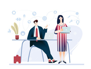 Happy creative young professional business people talking in office. New start up, developing and supporting on going projects, work together concept illustration