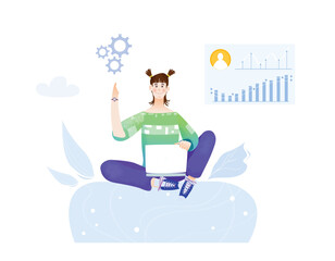 Happy creative young professional  business woman working with laptop and pointing on gears, illustration 