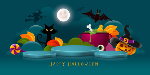 Halloween mystical turquoise advertising banner design template with 3D product display podiums on moon night background, Jack O lantern pumpkin, witch, cauldron and black cat. Vector illustration