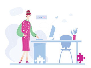 Happy creative young professional business woman works in office. New start up, developing and supporting on going projects, work together concept illustration