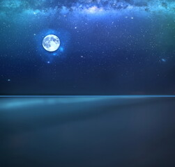  starry sky  blue moon nebula reflection on on sea water  beautiful seascape milky way universe template background copy space