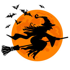 Halloween design element. Silhouette of old witch flying on broomstick with flock of bats and mystical full moon. Isolated on white background. Vector illustration - obrazy, fototapety, plakaty