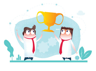 Cute Little business characters with ties are holding top golden trophy. 