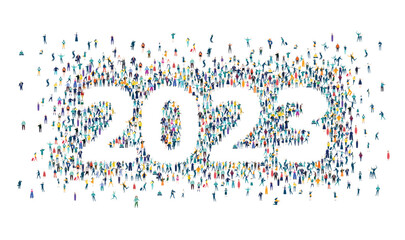 2023 New year sing made of many people. Crowd of people differentiations ages and professional backgrounds 