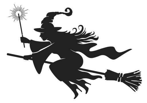 Halloween design element. Silhouette of young pretty witch flying on broomstick and hold magic wand. Isolated on white background. Vector illustration