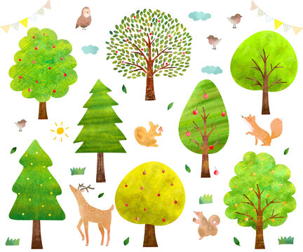 手描きー実のある北欧風かわいい木々と森の動物たちーエコイメージのイラストセット白バック素材