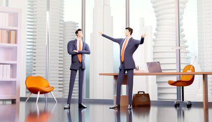 Two successful  business people talking in office, with city view at the background. 3D rendering illustration