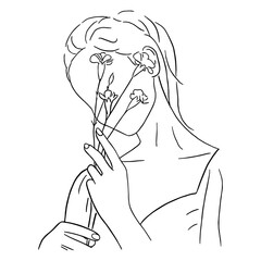 Line art minimal of woman holding flower in hand drawn concept for decoration, doodle contemporary style