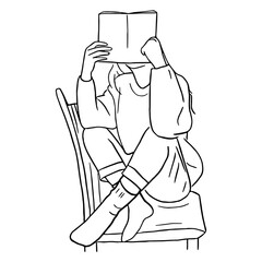 Line art minimal of woman reading a book in hand drawn concept for decoration, doodle contemporary style