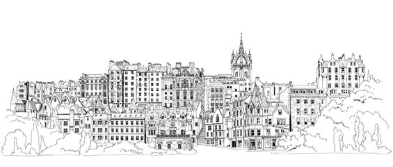 Edinbourgh, Schotland. Sketch of the city Edinburgh view with Cockburn street, historical houses and cathedral dome. - obrazy, fototapety, plakaty