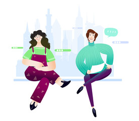 Happy creative young professional  business women are working  with  city view at the background, illustration 