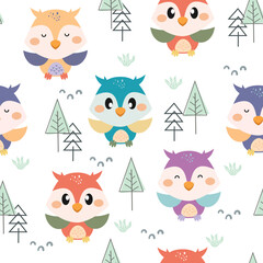 Cute owls seamless pattern. Funny forest background. Vector illustration. Design for fabric, textile, wallpaper, background and wrapping