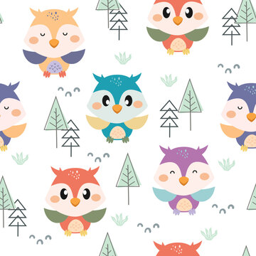 Cute owls seamless pattern. Funny forest background. Vector illustration. Design for fabric, textile, wallpaper, background and wrapping