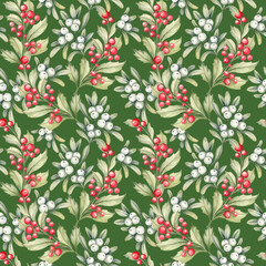 Watercolor Christmas seamless pattern with mistletoe branches and holly. Hand drawn vintage ornate pattern with winter plants. - 536595902