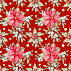 Christmas holiday seamless pattern with poinsettia flowers, mistletoe and holly berries. Watercolor hand painted botanical background, retro floral festive wallpaper