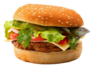 Hamburger with beef, cheese, tomato, onion and salad. Cheeseburger