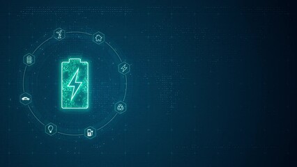 Motion graphic of Blue digital battery LOGO with line connection and data transfer to futuristic icon technology abstract background