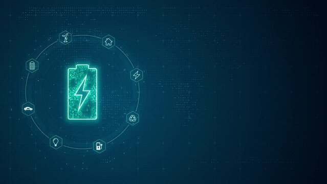 Motion graphic of Blue digital battery LOGO with line connection and data transfer to futuristic icon technology abstract background