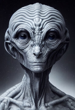 Portrait of an alien, science fiction of extraterrestrial invasion, visit of the greys, conspiracy of paranormal civilization
