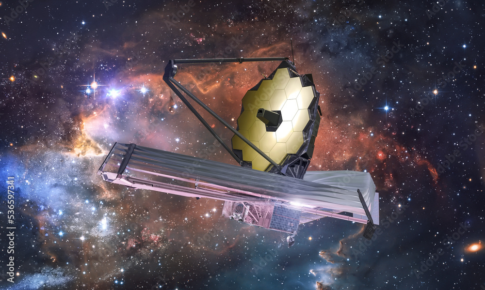 Poster telescope in space. bright space with galaxy and nebula. james webb telescope galaxies exploration. 