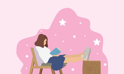 The happy woman sits and reads the book with enjoyment and interest. The girl keeps her diary or takes notes. Book therapy session. Mental health concept. Vector illustration