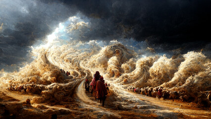 Illustration of the Exodus of the bible, Moses crossing the Red Sea with the Israelites, escape from the Egyptians, generative AI