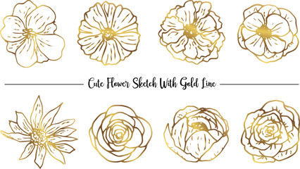 hand drawn flowers sketch collection with gold line