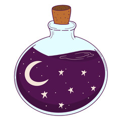 hand drawn of dream in bottle or wish jar with crescent moon and stars, cartoon style, isolated on background with clipping path. sticker, print or tattoo design in graphic illustration format.