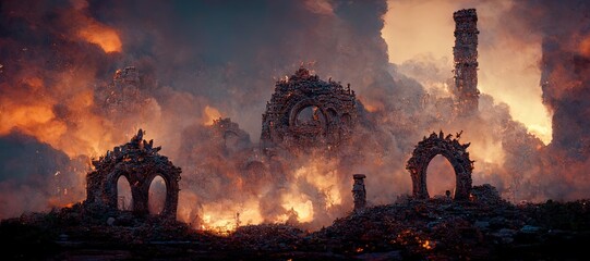 Ruins on Ancient City Destroyed by Dragon Fire - Digital Art, Concept Art, 3D Render - obrazy, fototapety, plakaty