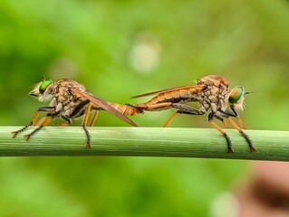 Robberfly mating on a branch 