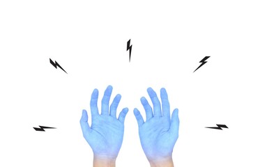 Two opened hands with light blue color of Asian man. Concept of cold and clumsy hand.