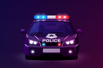 Icon of police car with red blue flashing lights on dark purple background. Front view of patrol vehicle. Vector illustration