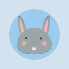 Cute gray cartoon rabbit. Kawaii character, pet face. Easter animal. Vector illustration for design, stickers, books, postcards, print on paper.