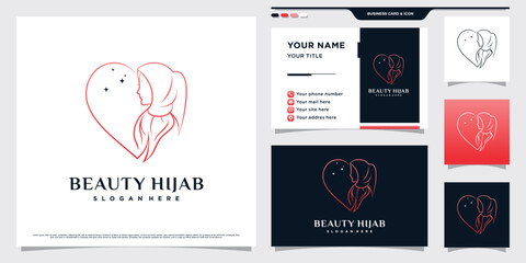Hijab women logo design with line art style and business card template