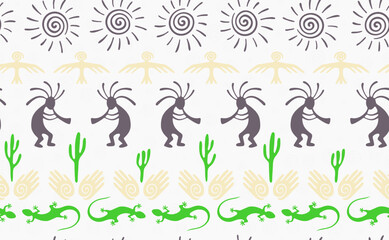 Kokopelli with flute, pangolin, hawk, sun symbol, hands and plant tribal vector seamless pattern.