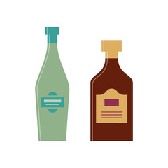 Bottle of vermouth and rum. Great design for any purposes. Icon bottle with cap and label. Flat style. Color form. Party drink concept. Simple image shape