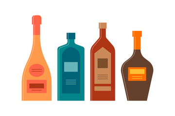 Set bottles of champagne, gin, whiskey, balsam great design for any purposes. Icon bottle with cap and label. Flat style. Color form. Party drink concept. Simple image shape