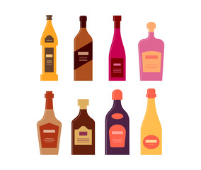 Bottle of beer whiskey wine liquor brandy rum cream champagne. Graphic design for any purposes. Flat style. Color form. Party drink concept. Simple image shape