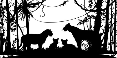 Lions family with cubs. Predator Wild animals. Silhouette figures. Jungle rainforest. Overgrown with trees and grass. Isolated on white background. Vector.