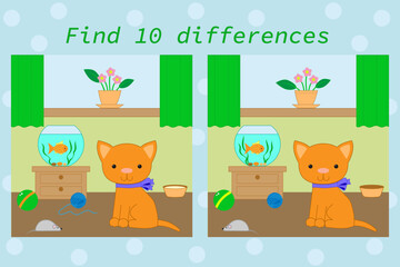 Fototapeta premium Educational game for kids. Find 10 differences in the pictures. Funny kitten in the room.