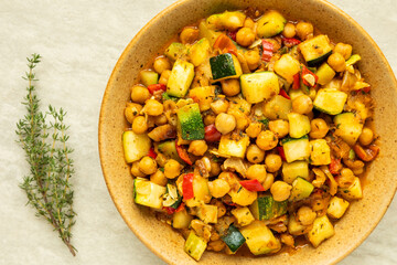 Italian-Style Zucchini and Chickpea Saute dish. Top view.