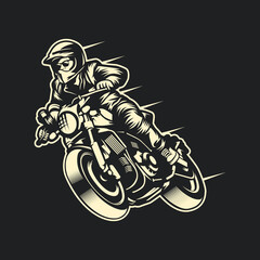 Vintage motorcycle. Hand drawn motorbike. Vector illustration. Hand drawing of man riding a classic cafe racer motorcycle