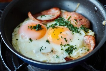 Fried eggs with sausage in a frying pan. The process of cooking a homemade dish